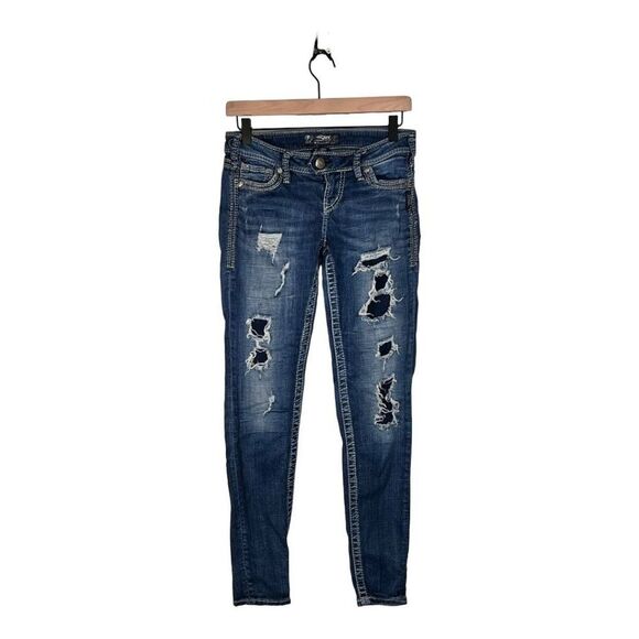 Silver Jean Co Distressed Low Rise Waist Tuesday Skinny Slim Jeans Ripped Denim - Picture 1 of 14